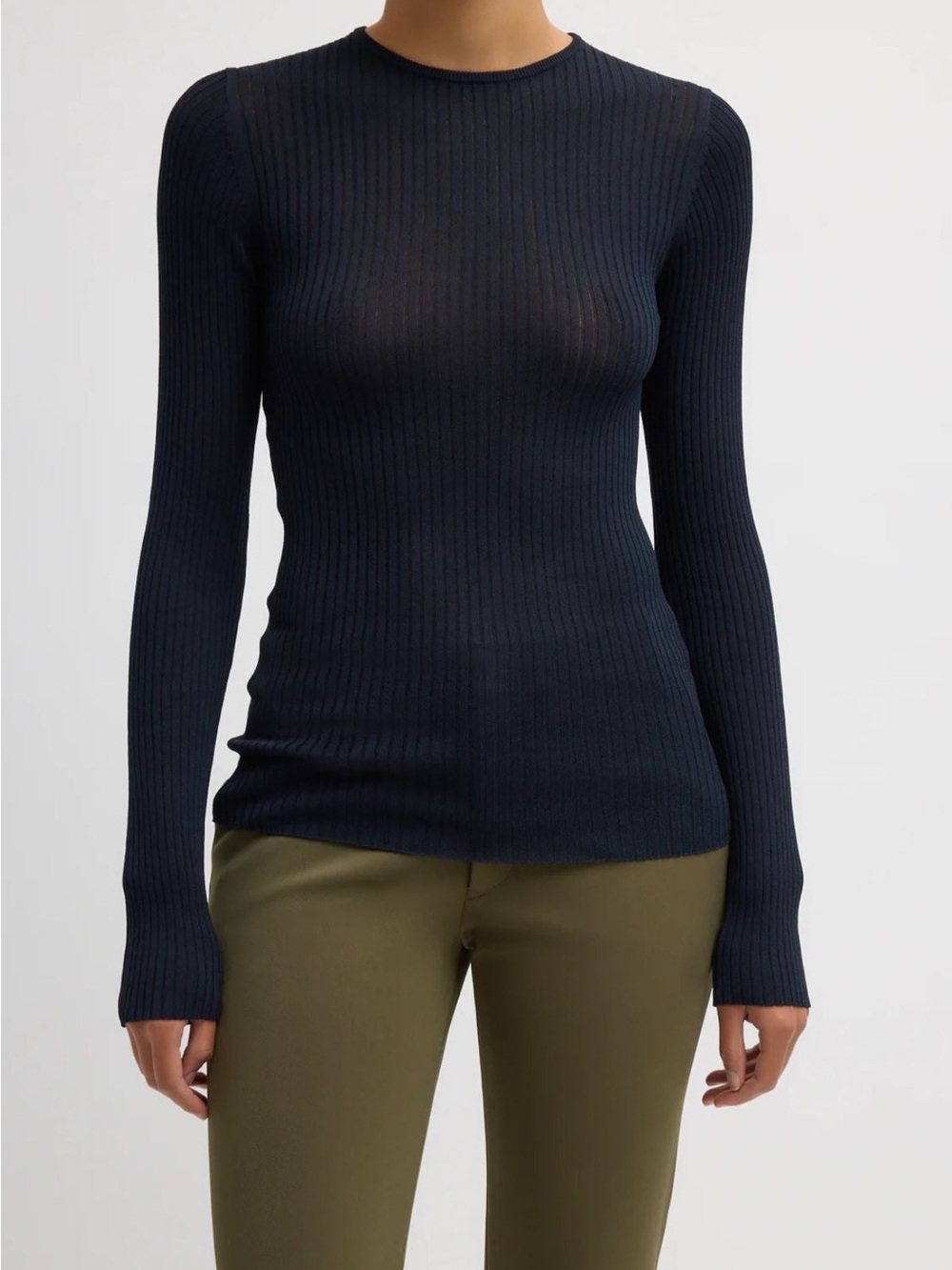 Tibi Navy Ribbed Long-Sleeve Crewneck Top
